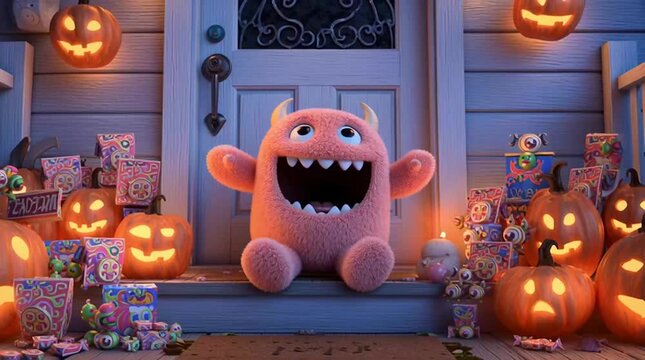 A tiny monster sitting on a porch surrounded by pumpkin and candy
