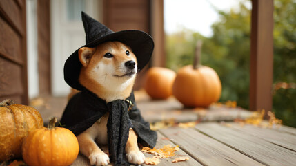 Adorable Shiba Inu dog dressed as a witch sitting on a porch surrounded by pumpkins in an autumn setting.