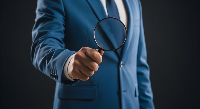 Professional man using magnifying glass for investigation, analysis, search
