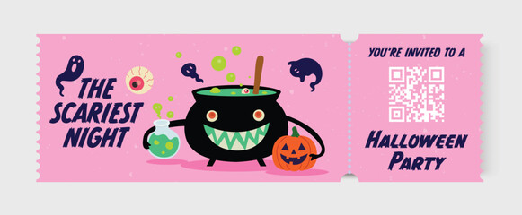 Colorful Halloween party invitation featuring cauldron, potion, and spooky elements, perfect for fun celebration