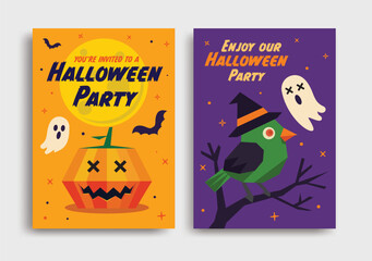 You invited to Halloween party featuring spooky pumpkin, playful ghosts, and colorful bird. Join us for fun celebration