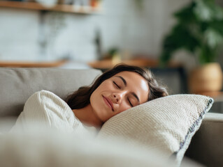 Peaceful young woman taking a nap on a cozy sofa, resting her head on a cushion in a warmly lit home interior.