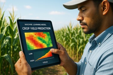 Farmer analyzing crop yield prediction using machine learning on digital tablet in cornfield under clear sky background outdoors with modern technology. Ai generative