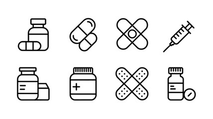 Clean line art icons representing medical supplies and healthcare treatments.