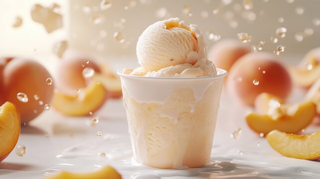 Soft peach-colored cup for peach ice cream with a creamy taste, a light scoop of ice cream on top, surrounded by subtle milk splashes and soft peach slices.