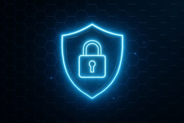 Glowing blue padlock inside shield icon on digital hexagon technology background symbolizing cybersecurity and data protection concept. Ai generative