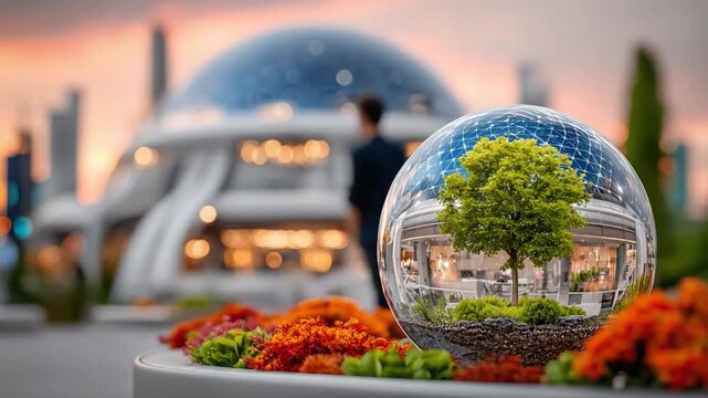 Urban Green Oasis: A mesmerizing view of a tree encased within a transparent orb, reflecting a modern architectural marvel. Witnessing the fusion of nature and urban development.