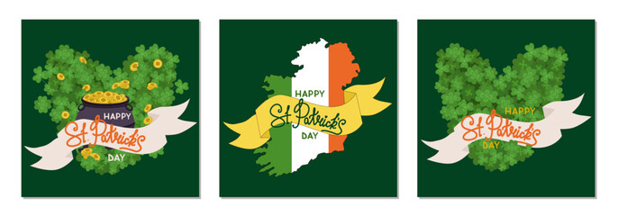 Set of vector illustrations celebrating St. Patrick s Day with shamrocks, Ireland map, and festive banners. Perfect for holiday-themed designs and Irish cultural events.
