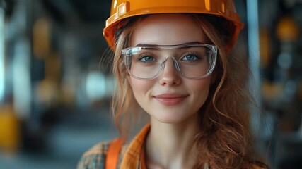 Confident Construction Worker: A skilled woman in a hardhat and safety goggles is the embodiment of expertise and resolve. With a calm smile, she stands ready for her next task.