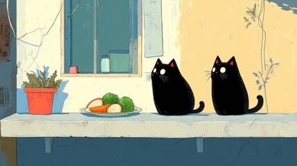 Two black cats near a plate of vegetarian snacks, featuring sliced apples, carrots, and broccoli, on a sunny patio.