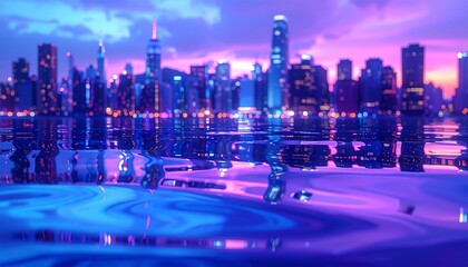 Obraz premium Abstract layer of liquid mercury rippling slightly, reflecting a blurred cityscape in shades of electric blue and violet, liquid reflection.
