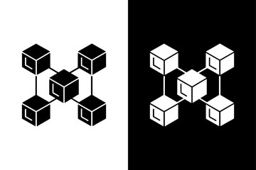 Obraz premium Digital Transaction Icon — Connected Cubes, Minimal Flat Vector on Monochrome Background.