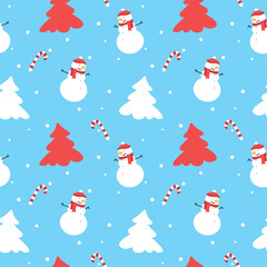 christmas seamless pattern snowman and snowflakes  and christmas tree blue white and red color's