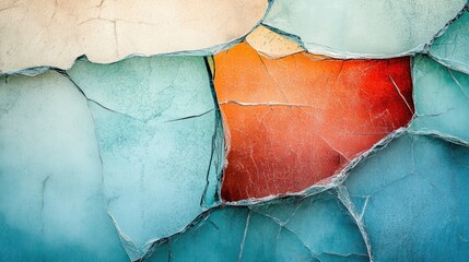 Sharp, angular glass shards scattered across the abstract canvas, each reflecting shades of blue, green, and red, building an abstract, colorful background.