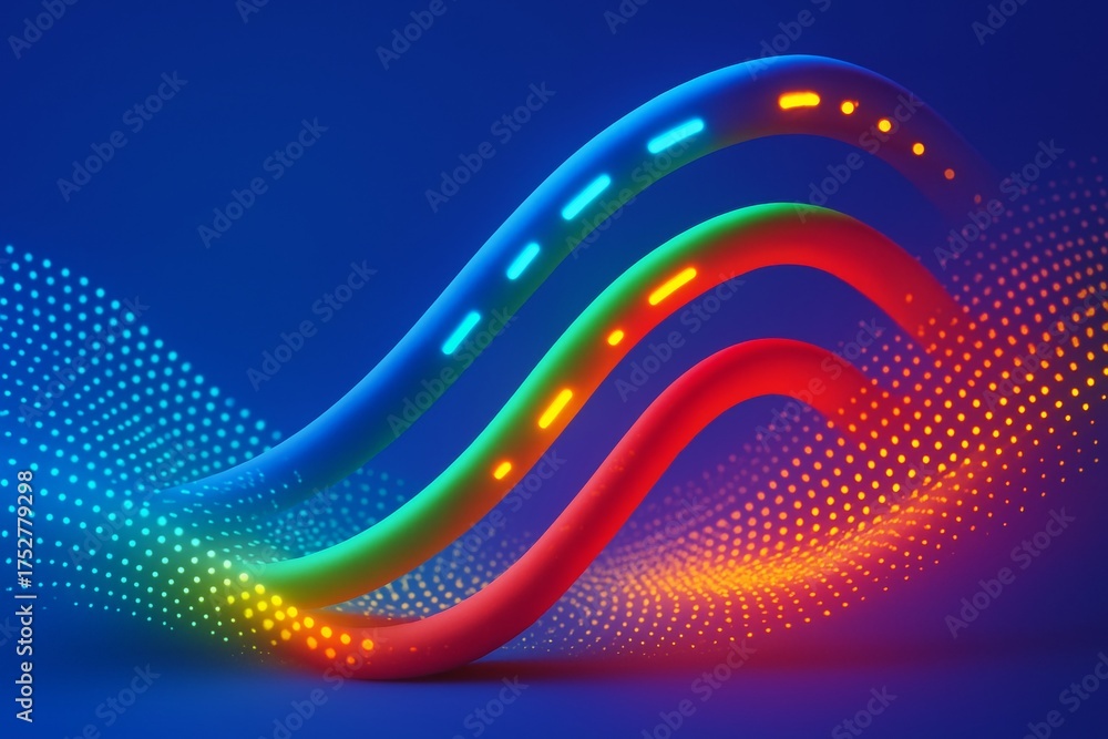 Wall mural colorful abstract light waves with glowing digital dots on a blue background symbolizing futuristic 