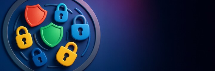 Colorful security padlocks and shields on circular background with empty dark gradient copyspace for cybersecurity or technology banner template. Ai generative