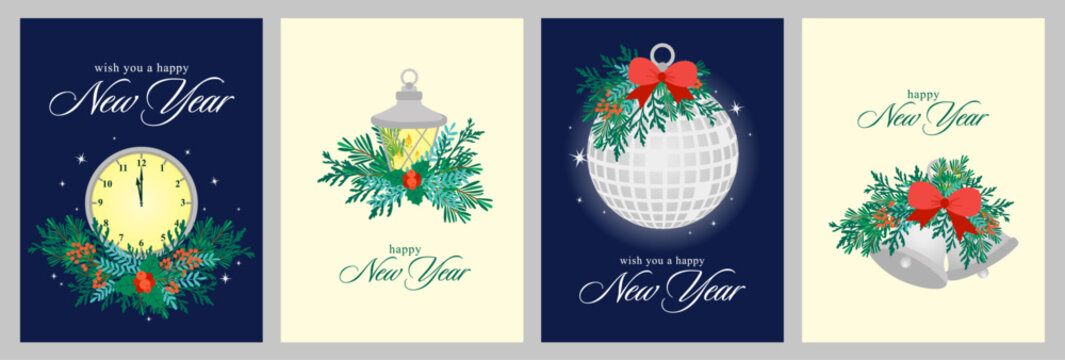 Set of New Year vector illustrations featuring a clock, lantern, disco ball, and bells adorned with festive greenery and red bows, perfect for holiday greeting cards and decorations.