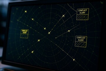 Air traffic radar screen showing multiple aircraft positions with conflict alert signals in a digital abstract interface for transport monitoring. Ai generative
