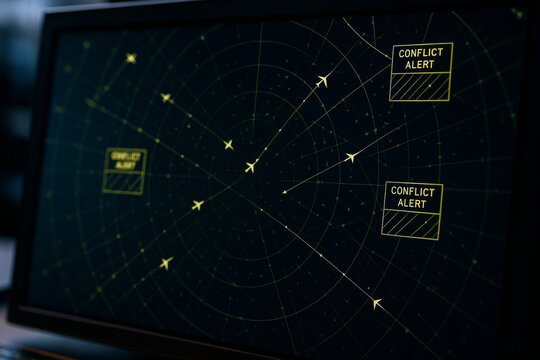 Air traffic radar screen showing multiple aircraft positions with conflict alert signals in a digital abstract interface for transport monitoring. Ai generative
