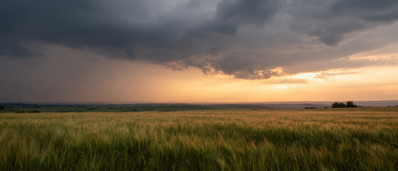Golden hour storm landscape field sunset mood over wheat field under storm cloud
