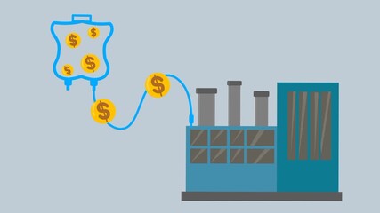 Money infuse with gold coin flow to factory. Financial injection concept. Transparent background. Economic support animation. Business funding process.