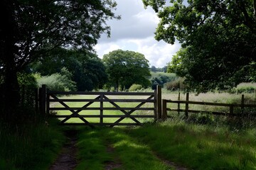 English Countryside Five Bar Wooden Gate with Traditional Design and Pastoral Charm Appeal