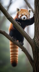 Red Panda Climbing Tree Branch.