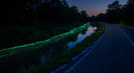 A road and waterway glow at dusk, showcasing neon-like illumination from an unknown source