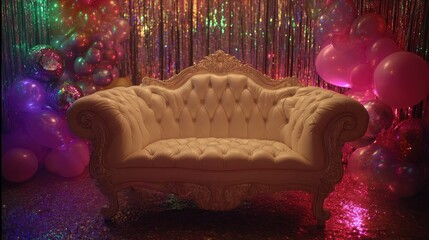 Ornate white sofa sits in a festive setting with balloons and tinsel.