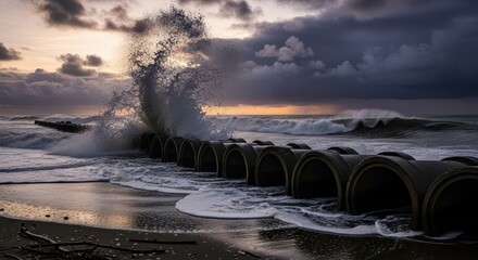 Dramatic Coastal Scene: Waves Crashing Over Concrete Pipes at Sunset