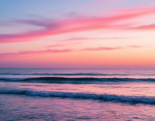 Fototapeta premium Sea and sky, pink and purple horizon. Minimalistic landscape.