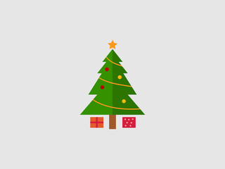 illustration of a green Christmas tree adorned with red and yellow ornaments and a gold star on top