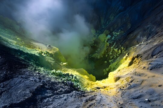 Volcanic Crater with Toxic Sulfur Deposits in Yellow and Green Mineral Rich Formations - Powered by Adobe