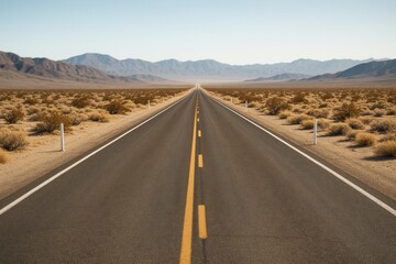Endless straight desert highway stretching into the horizon with dry landscape and distant mountains under clear sky in natural light background. Ai generative