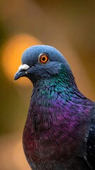 Close-up portrait of a pigeon with iridescent feathers