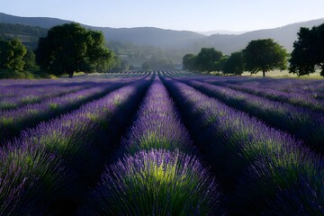 Fototapeta premium Rows Lavender Plants Stretching Into Distance Field View Purple Flowers Aromatic Herb Farm Landscape
