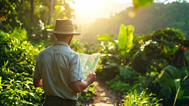 Adventurous Man Explores Tropical Jungle with Map at Sunrise.