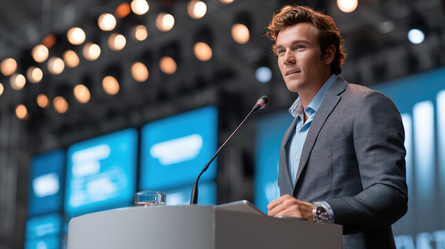 Confident entrepreneur speaking at business conference podium, modern stage, professional atmosphere, inspiring audience engagement - Powered by Adobe