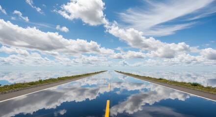 A road reflects a bright blue sky with puffy clouds, seemingly merging into the horizon