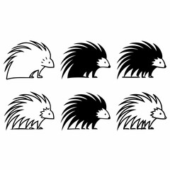 Collection of six porcupine icons in black and white vector illustration