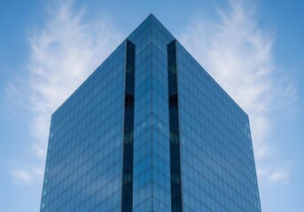 Modern skyscraper glass facade reflecting blue sky.