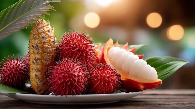 Exotic Fruit Display: A captivating arrangement of vibrant rambutan and pineapple slices, creating a tropical display on a wooden surface, showcasing fresh, natural ingredients.