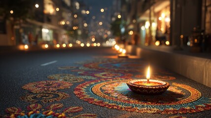 Diwali celebration with oil lamp on street, symbolizing the triumph of light over darkness and good over evil