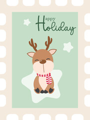 Reindeer Postage Stamp with star. Merry Christmas and Happy holiday greeting card concept vector illustration.