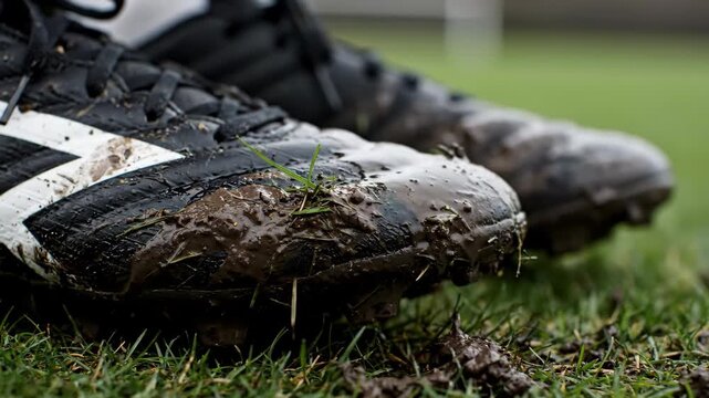 Wet Soccer Cleats Covered in Mud, Water Splashing on Grass