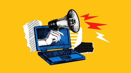 Trendy art collage of sketch hand with megaphone and laptop. Communication, marketing, job search, employment agency concept. Retro hand drawn vector illustration.