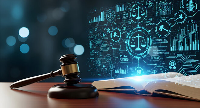 Legal tech concept with gavel, open book, and futuristic interface