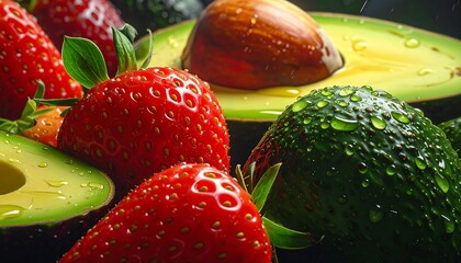 Close-up shot of vibrant strawberries and avocados with water droplets