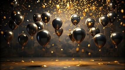 Elegant Black and Gold Balloon Celebration with Confetti Showers