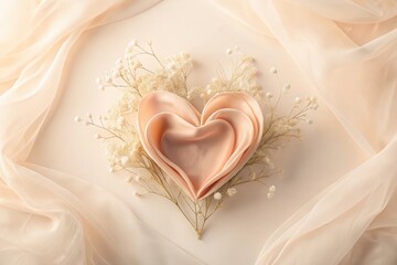 Delicate peach silk heart nestled amongst dried floral accents on a soft beige fabric backdrop